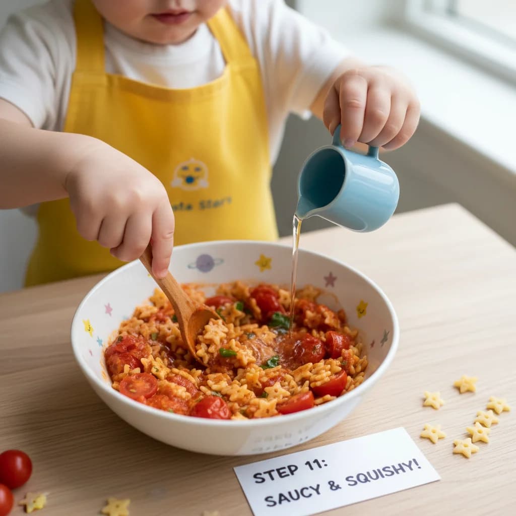 Step 11: Adjust consistency: The mixture should be loose and saucy. If it seems too dry, add a small amount o for Tiny Tomato Pasta Stars (First Pasta Adventure)