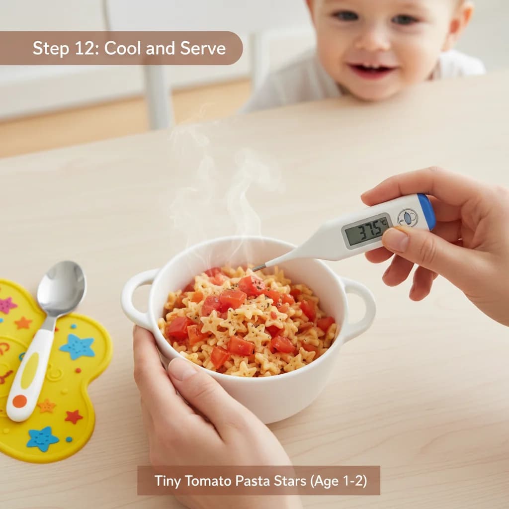 Step 12: Cool and serve: Remove the pasta from the heat and let it cool to a warm (not hot) temperature. Test for Tiny Tomato Pasta Stars (First Pasta Adventure)