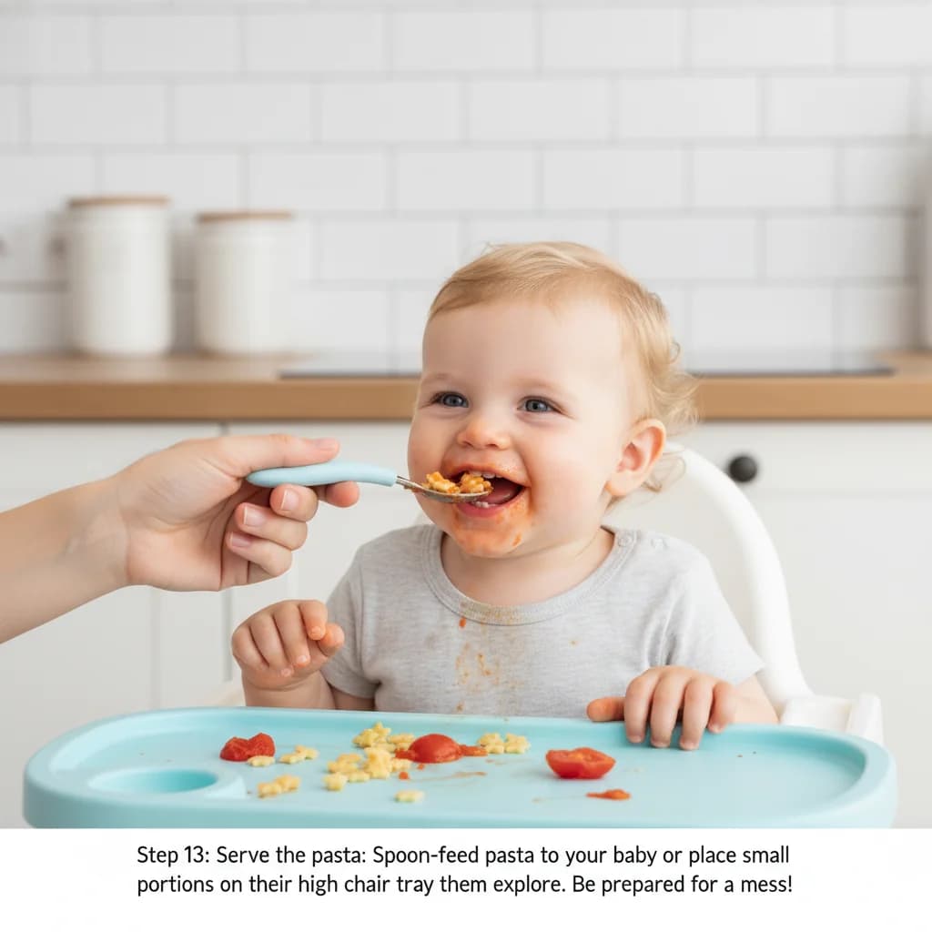 Step 13: Serve the pasta: Spoon-feed the pasta to your baby or place small portions on their high chair tray for Tiny Tomato Pasta Stars (First Pasta Adventure)