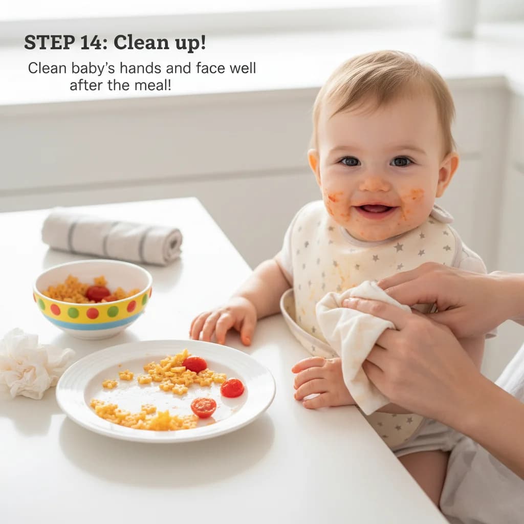 Step 14: Clean up: Clean baby's hands and face well after the meal! for Tiny Tomato Pasta Stars (First Pasta Adventure)