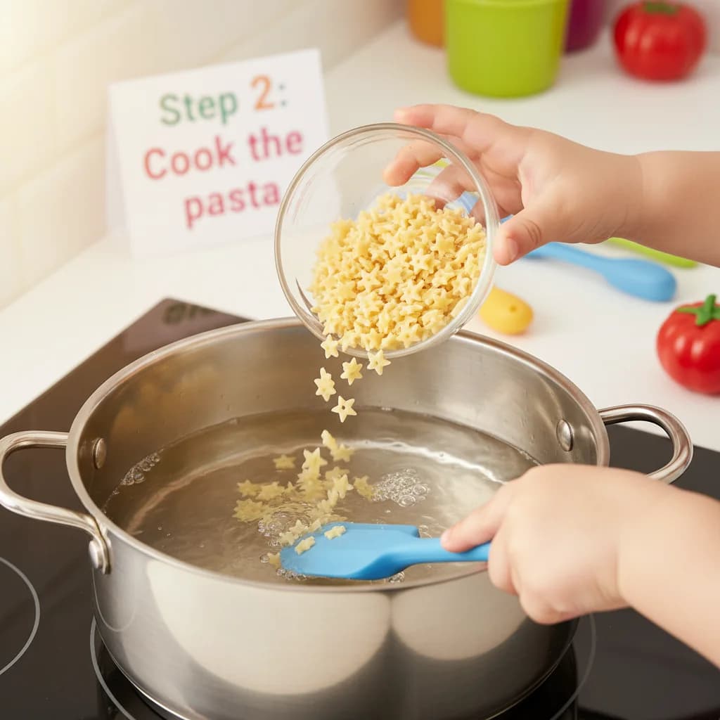 Step 2: Cook the pasta: Add the small pasta to the boiling water. Stir gently to prevent sticking. for Tiny Tomato Pasta Stars (First Pasta Adventure)