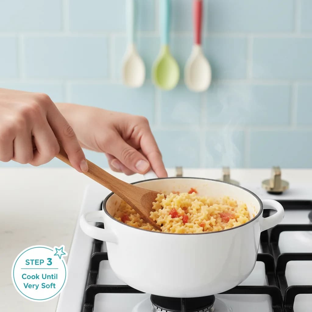 Step 3: Cook until very soft: Cook the pasta until it is extra soft, about 1-2 minutes longer than the packa for Tiny Tomato Pasta Stars (First Pasta Adventure)