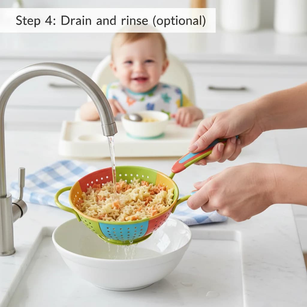 Step 4: Drain and rinse (optional): Once the pasta is cooked, carefully drain it in a colander. You can rins for Tiny Tomato Pasta Stars (First Pasta Adventure)
