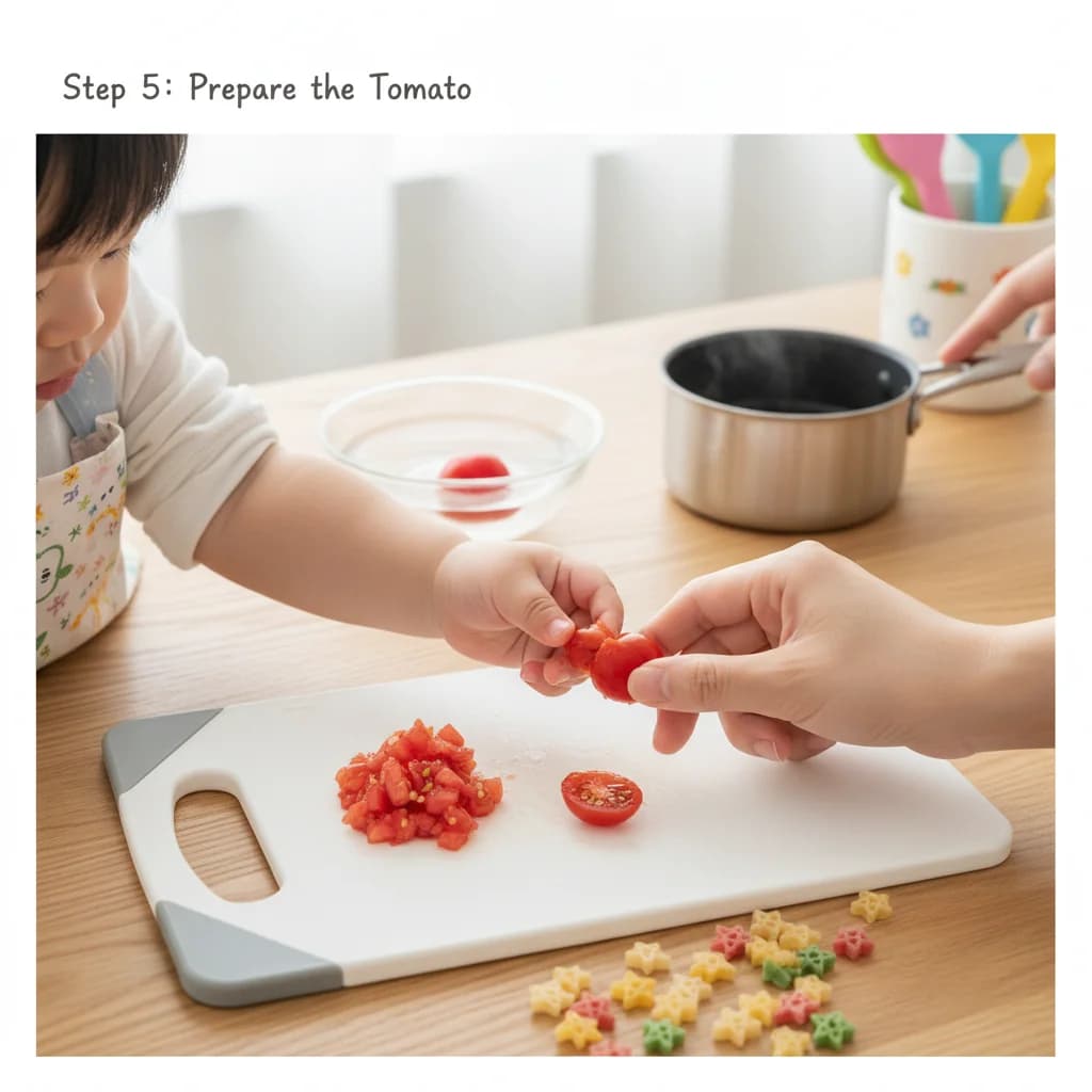 Step 5: Prepare the tomato: If using a fresh tomato, score the bottom with an X. Briefly submerge the tomato for Tiny Tomato Pasta Stars (First Pasta Adventure)