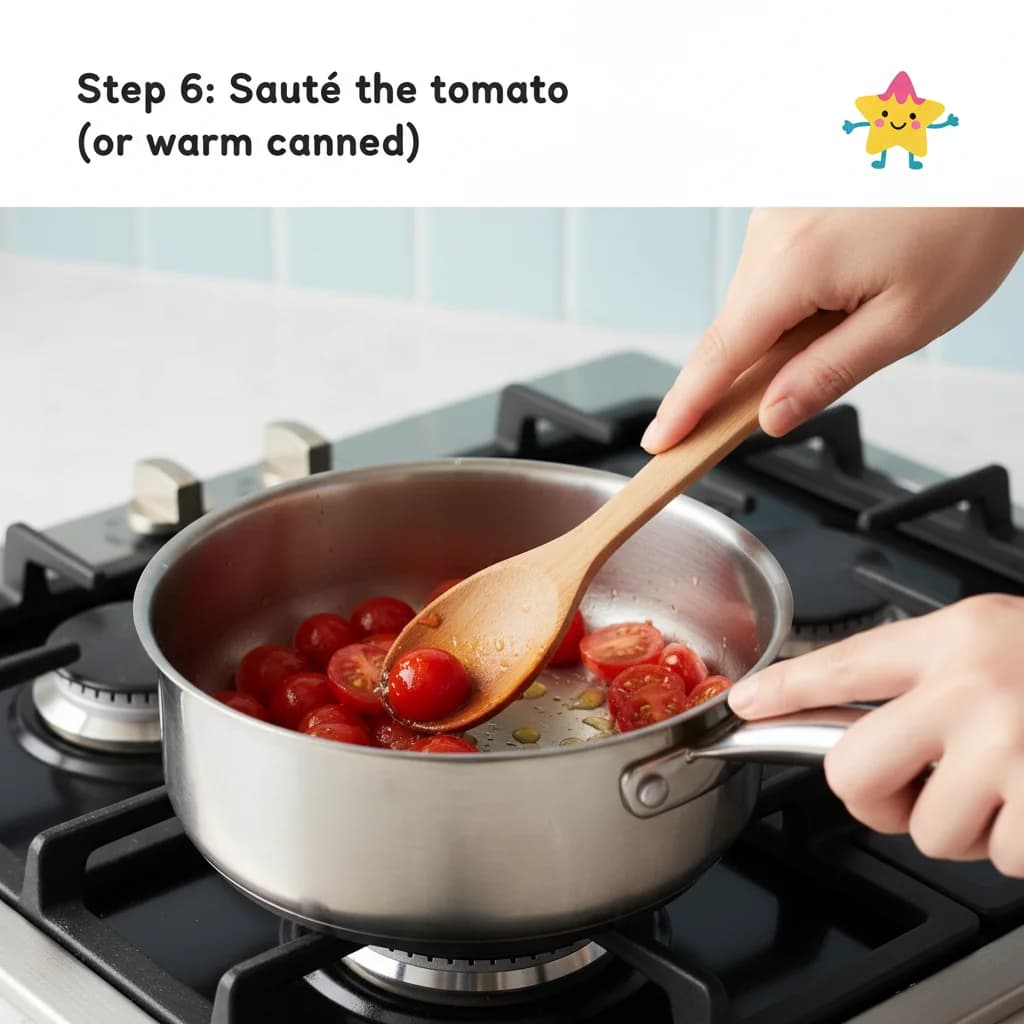 Step 6: Sauté the tomato (or warm canned): In a small skillet or saucepan, heat 1 teaspoon of olive oil over for Tiny Tomato Pasta Stars (First Pasta Adventure)