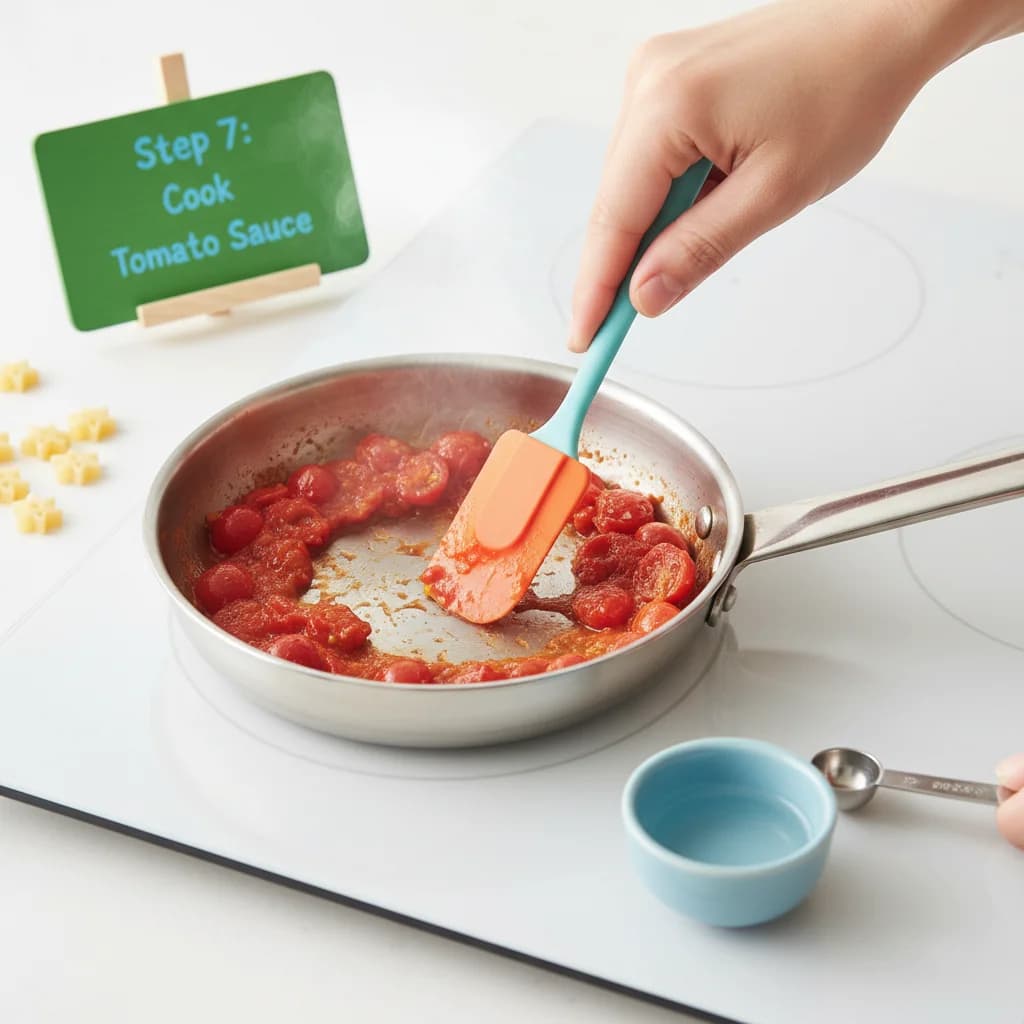 Step 7: Cook tomato sauce: Add the chopped tomato to the skillet and cook for about 3-4 minutes, stirring oc for Tiny Tomato Pasta Stars (First Pasta Adventure)