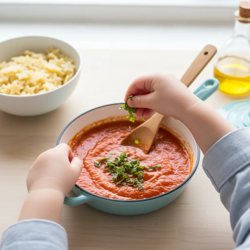 Step 8: Add basil (optional): Add a small pinch of dried basil or finely chopped fresh basil leaf to the tom for Tiny Tomato Pasta Stars (First Pasta Adventure)