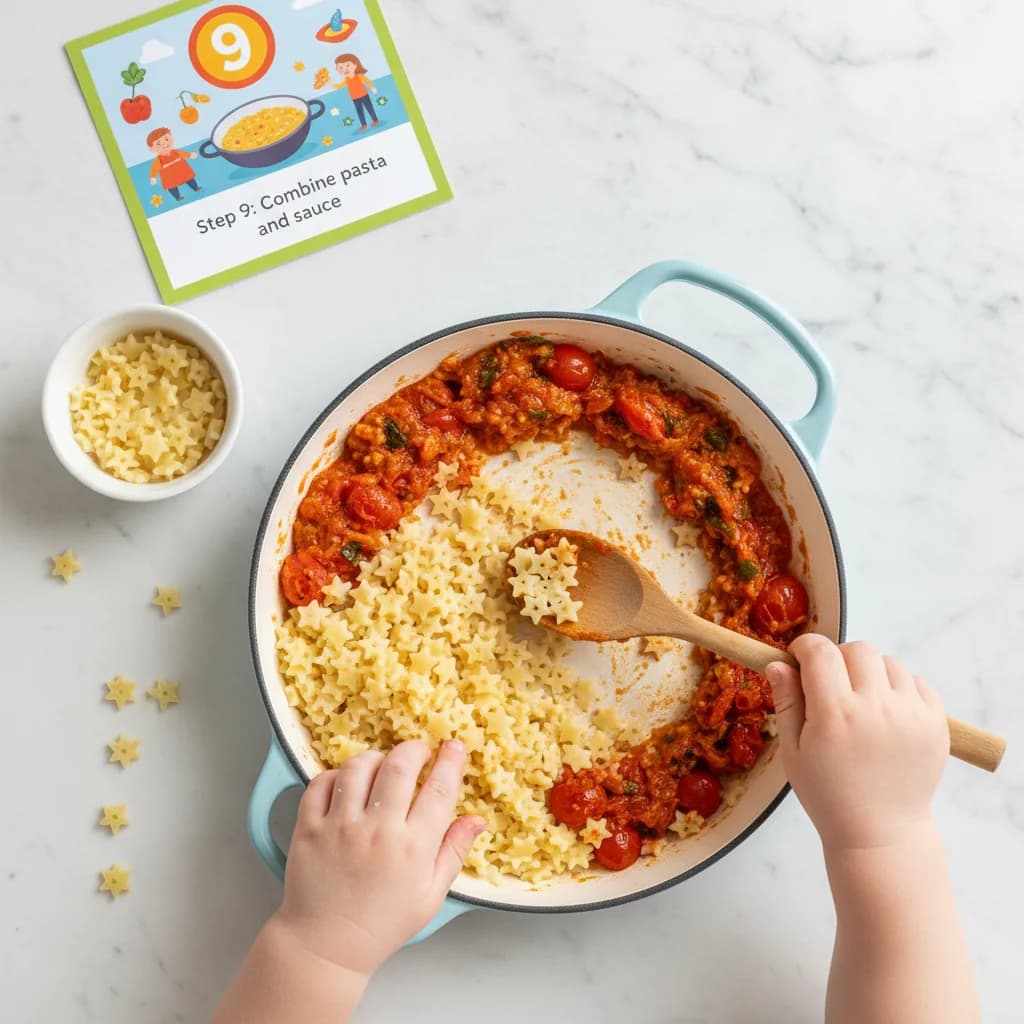 Step 9: Combine pasta and sauce: Add the drained, cooked pasta to the tomato sauce in the skillet. for Tiny Tomato Pasta Stars (First Pasta Adventure)
