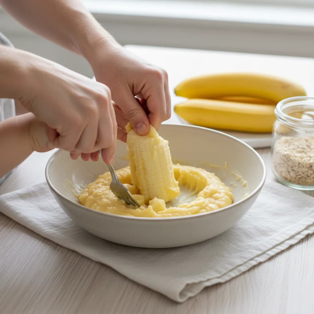 Step 1: Step 1: Mash the ripe banana in a bowl until it is very smooth with no large lumps. for Banana-Oat Mini Pancakes (Finger Food)