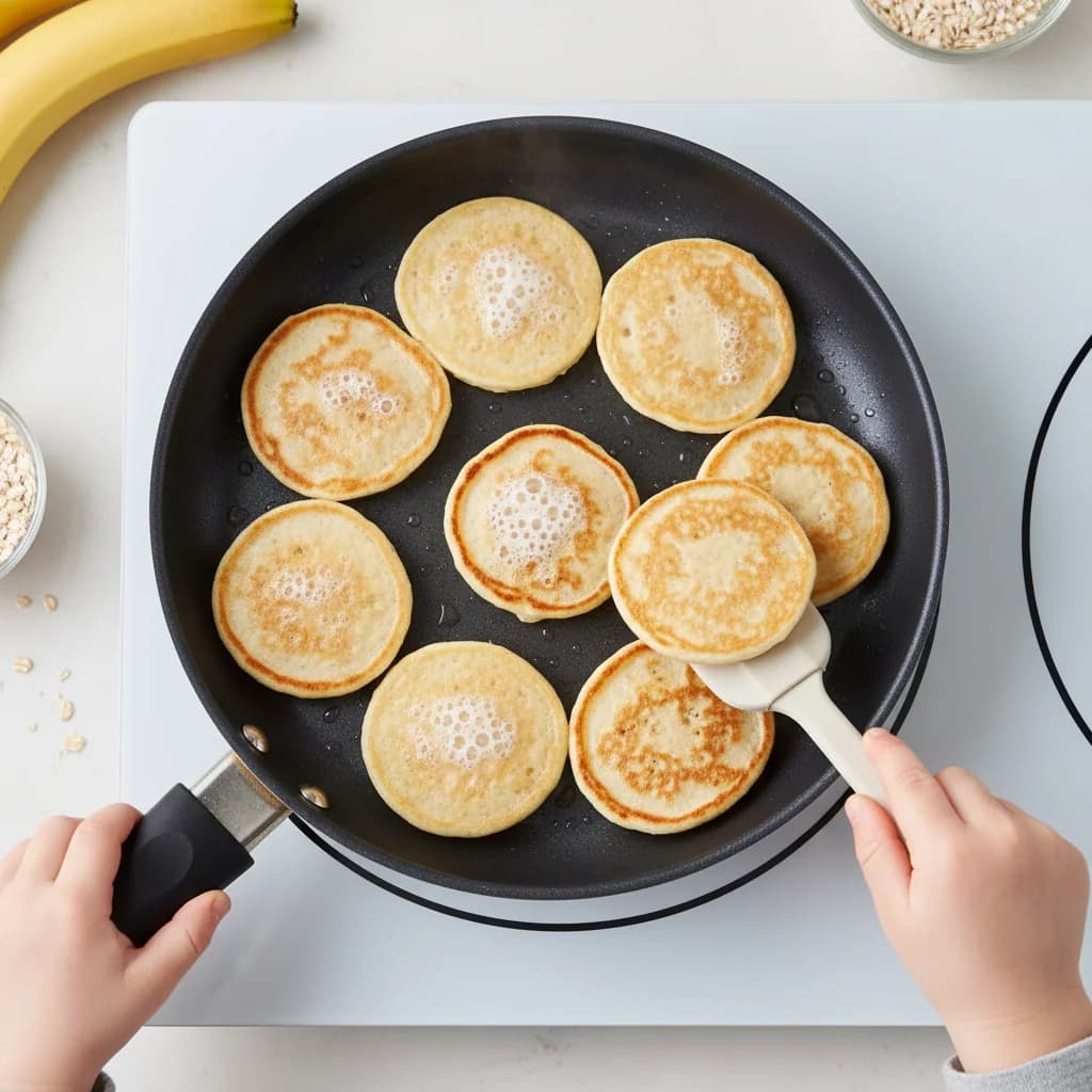 Step 10: Step 10: Cook the pancakes for about 1-2 minutes, or until you see bubbles forming on the surface an for Banana-Oat Mini Pancakes (Finger Food)