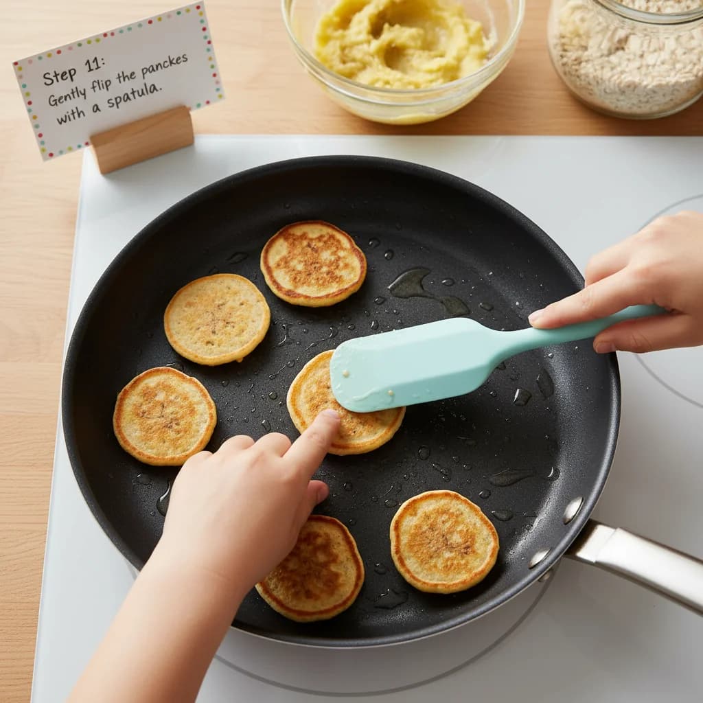 Step 11: Step 11: Gently flip the pancakes with a spatula. for Banana-Oat Mini Pancakes (Finger Food)