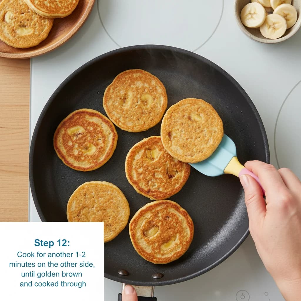 Step 12: Step 12: Cook for another 1-2 minutes on the other side, until golden brown and cooked through. They for Banana-Oat Mini Pancakes (Finger Food)