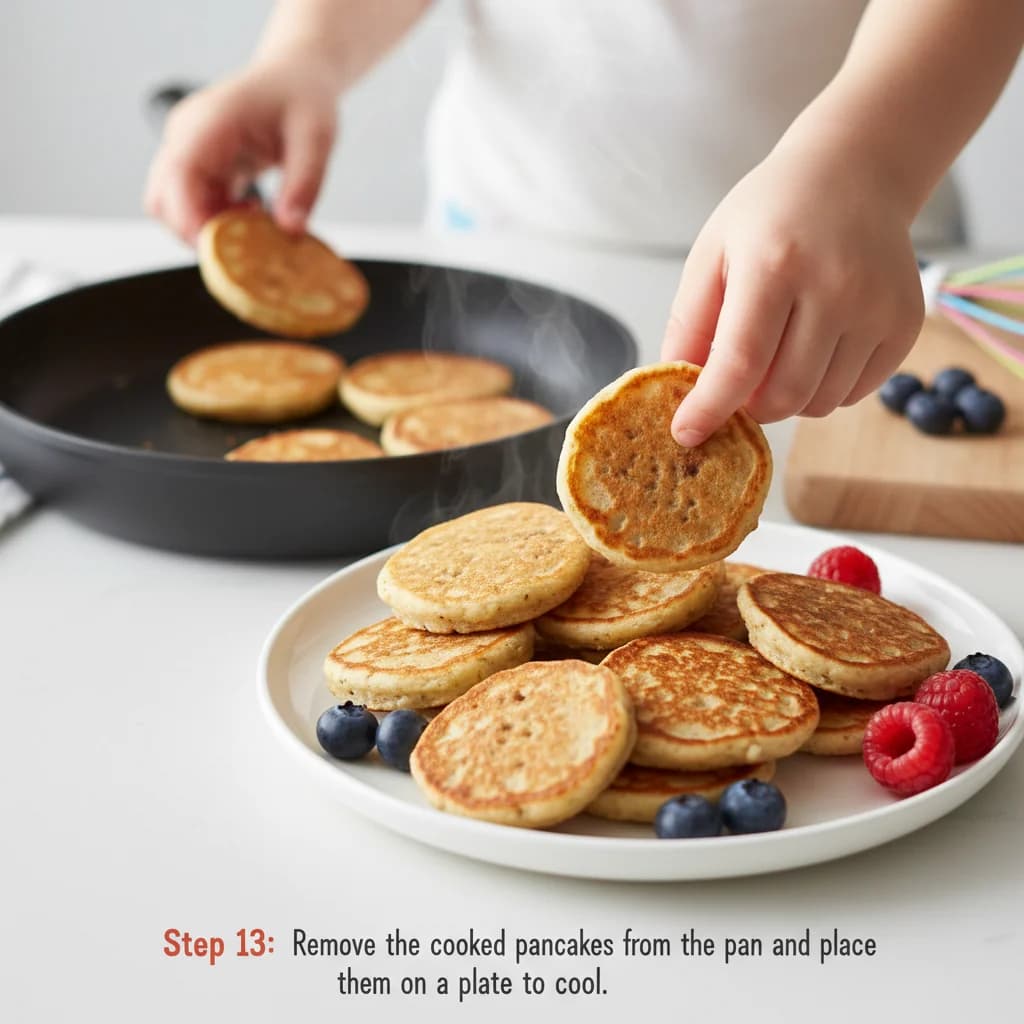 Step 13: Step 13: Remove the cooked pancakes from the pan and place them on a plate to cool. for Banana-Oat Mini Pancakes (Finger Food)