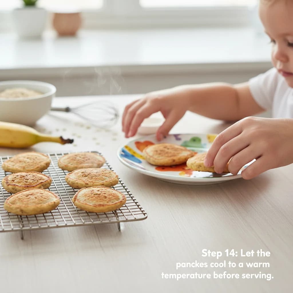Step 14: Step 14: Let the pancakes cool to a warm temperature before serving. for Banana-Oat Mini Pancakes (Finger Food)