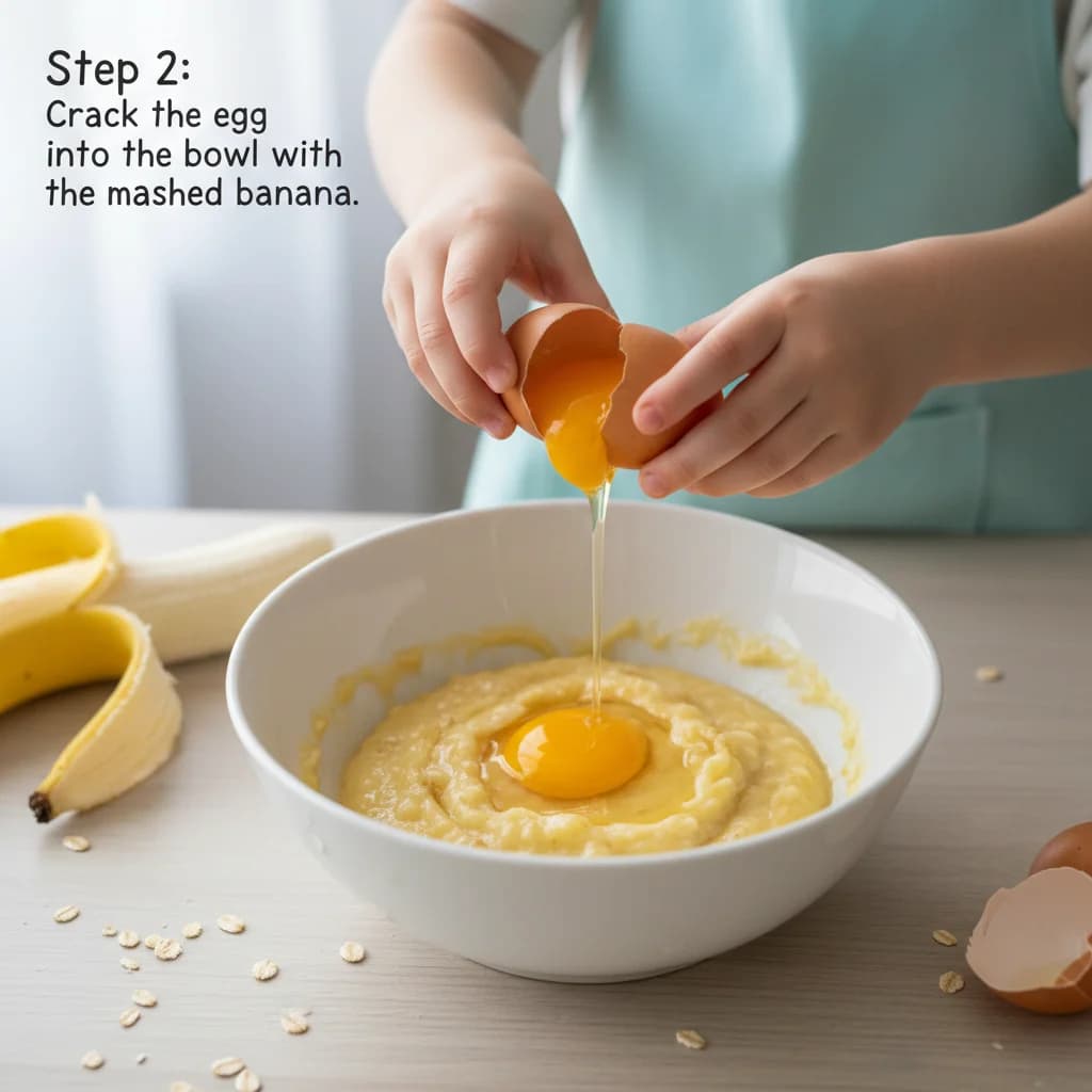 Step 2: Step 2: Crack the egg into the bowl with the mashed banana. for Banana-Oat Mini Pancakes (Finger Food)
