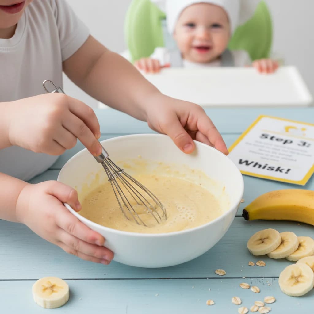 Step 3: Step 3: Whisk the banana and egg together until they are well combined and the mixture is smooth. for Banana-Oat Mini Pancakes (Finger Food)