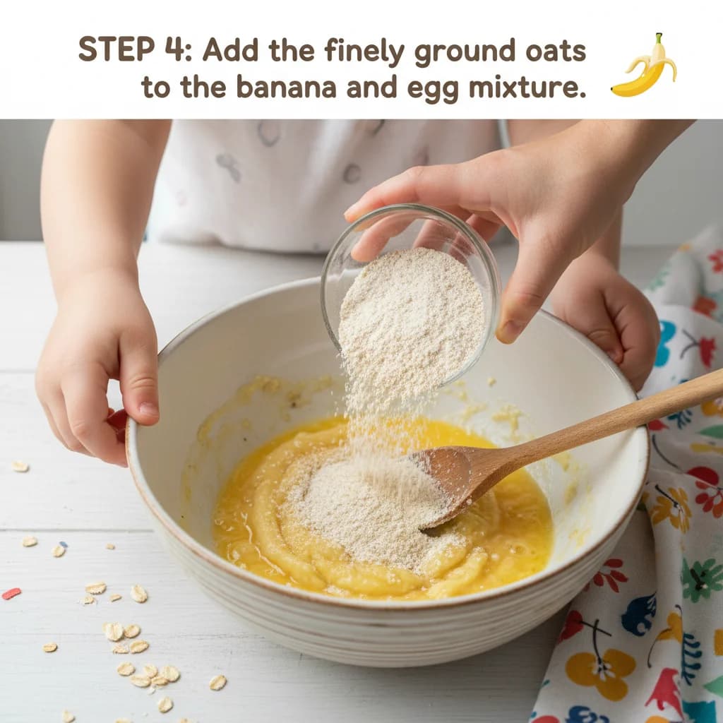 Step 4: Step 4: Add the finely ground oats (or oat flour) to the banana and egg mixture. for Banana-Oat Mini Pancakes (Finger Food)