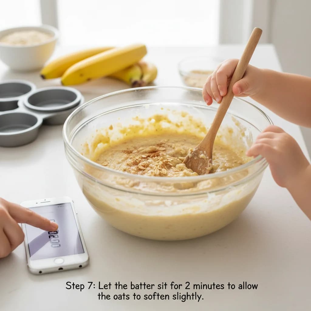 Step 7: Step 7: Let the batter sit for 2 minutes to allow the oats to soften slightly. for Banana-Oat Mini Pancakes (Finger Food)