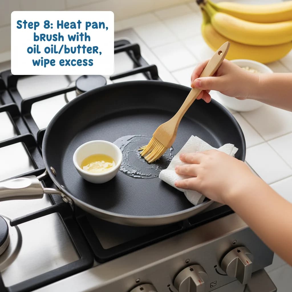 Step 8: Step 8: Heat a non-stick pan over medium-low heat. If needed, lightly brush the pan with a tiny amou for Banana-Oat Mini Pancakes (Finger Food)
