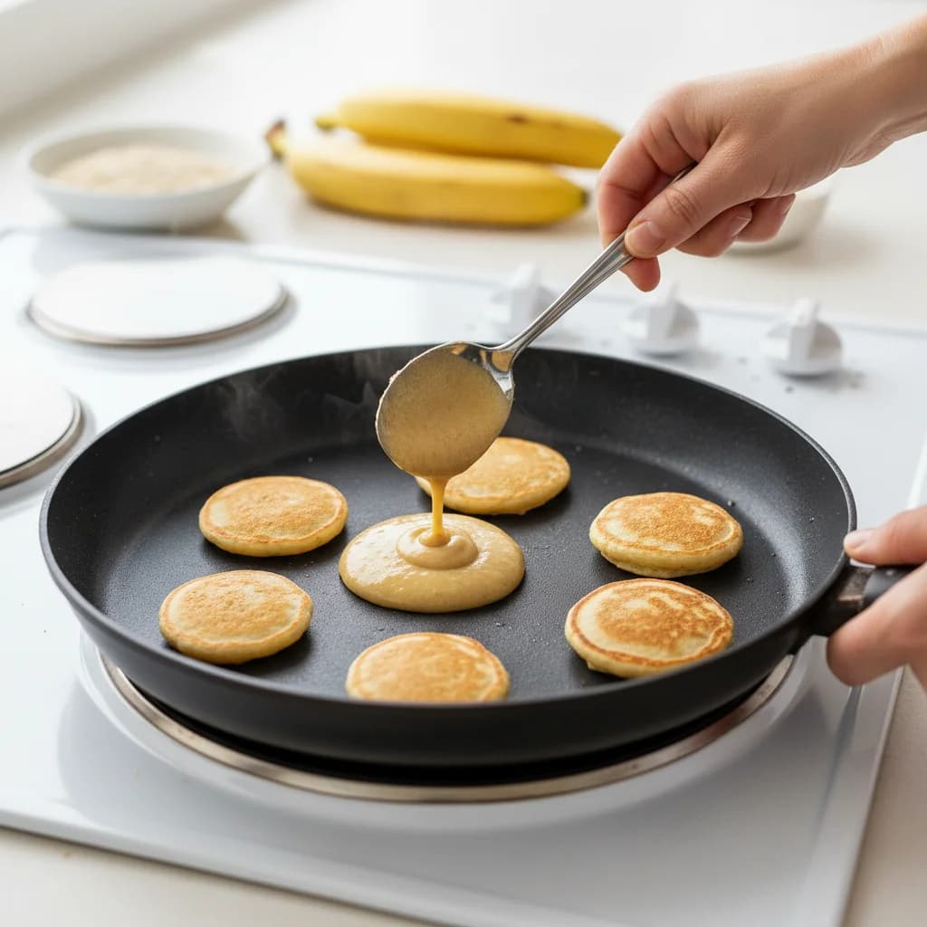 Step 9: Step 9: Pour tablespoons of batter onto the hot pan to form small pancakes, about 2-3 inches in diam for Banana-Oat Mini Pancakes (Finger Food)