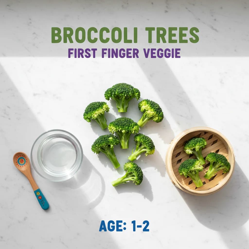 All ingredients needed for Broccoli Trees (First Finger Veggie) arranged on a clean surface