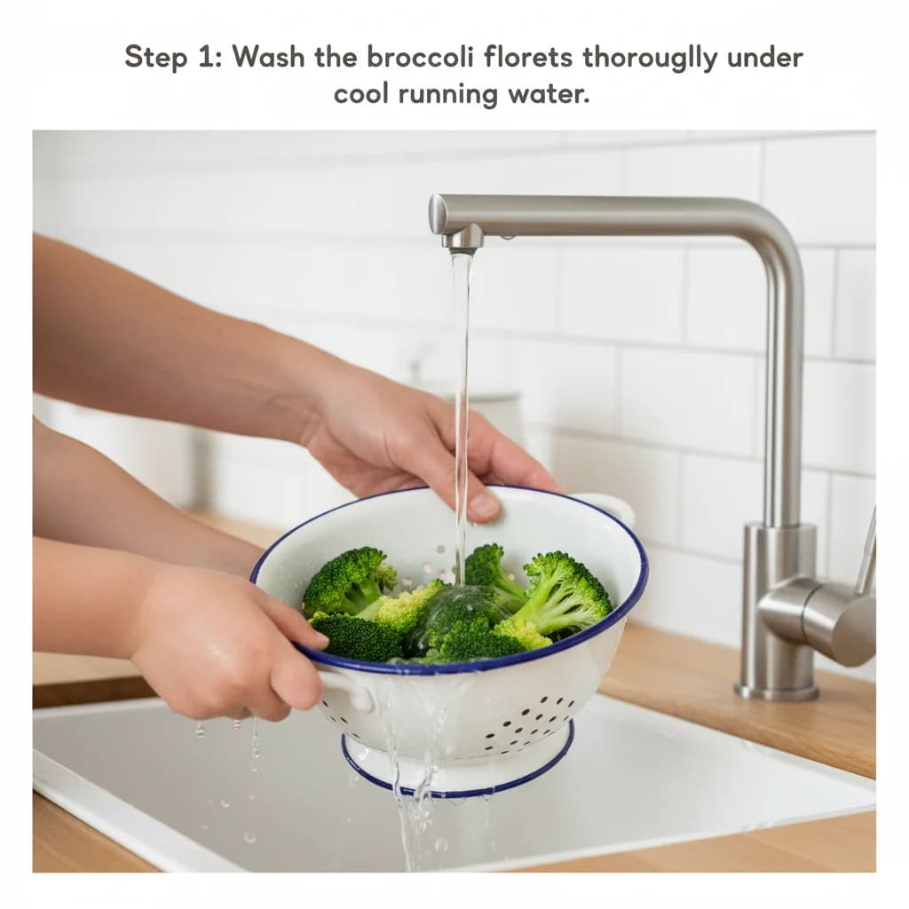 Step 1: Wash the broccoli florets thoroughly under cool running water. for Broccoli Trees (First Finger Veggie)