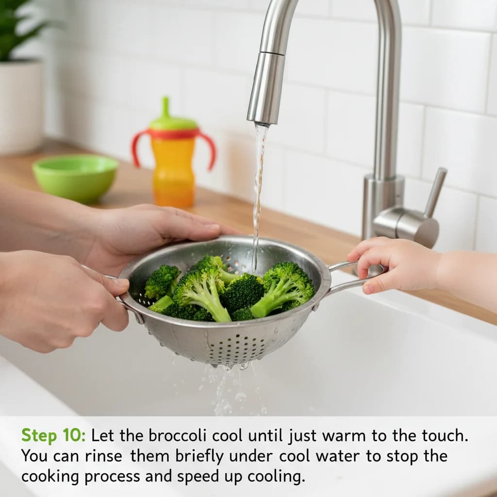 Step 10: Let the broccoli cool until just warm to the touch. You can rinse them briefly under cool water to s for Broccoli Trees (First Finger Veggie)