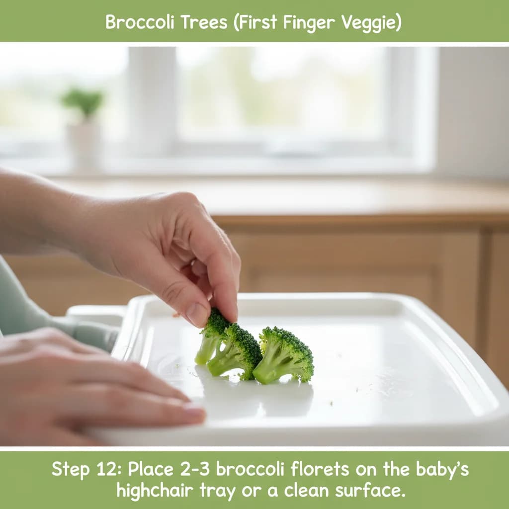 Step 12: Place 2-3 broccoli florets on the baby's highchair tray or a clean surface. for Broccoli Trees (First Finger Veggie)