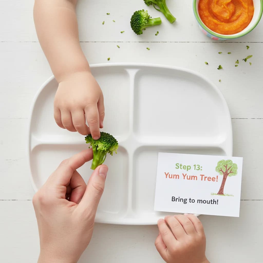 Step 13: Demonstrate how to pick up a floret and bring it to your mouth (if the baby needs encouragement). for Broccoli Trees (First Finger Veggie)