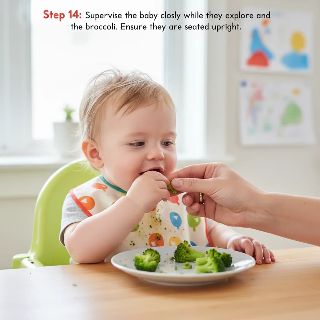 Step 14: Supervise the baby closely while they explore and eat the broccoli. Ensure they are seated upright. for Broccoli Trees (First Finger Veggie)