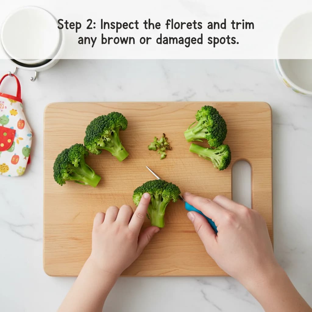 Step 2: Inspect the florets and trim any brown or damaged spots. for Broccoli Trees (First Finger Veggie)