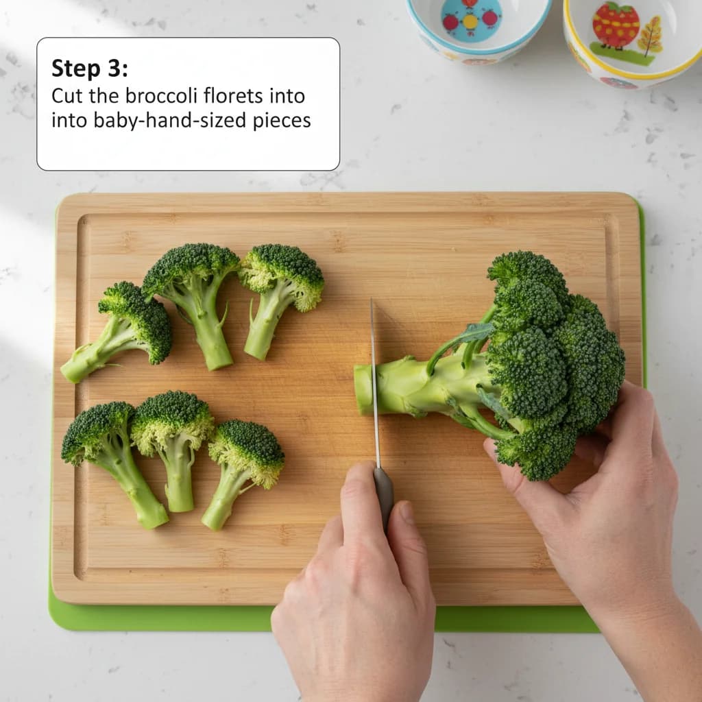 Step 3: Cut the broccoli florets into baby-hand-sized pieces. Aim for pieces with a 1-2 inch stem 'handle' a for Broccoli Trees (First Finger Veggie)