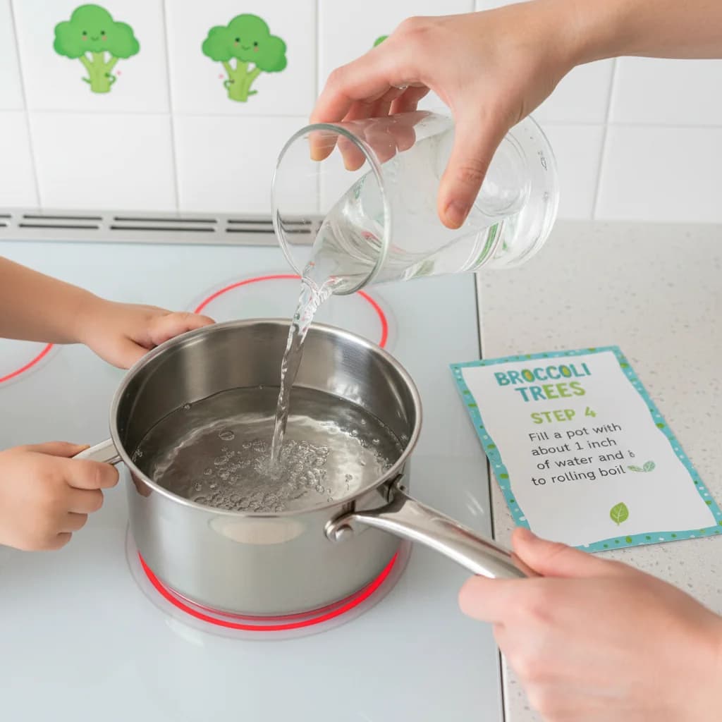 Step 4: Fill a pot with about 1 inch of water and bring it to a rolling boil. for Broccoli Trees (First Finger Veggie)