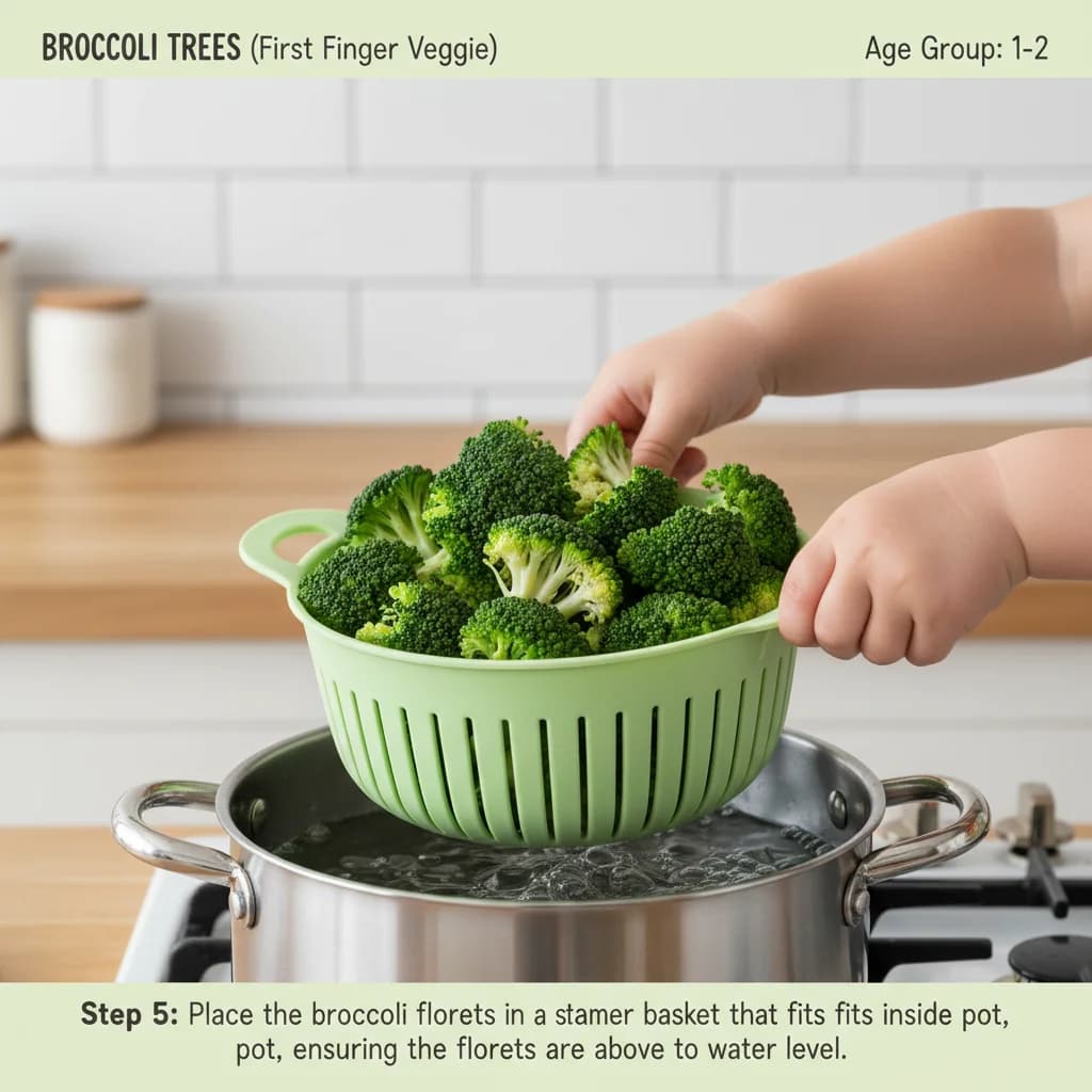 Step 5: Place the broccoli florets in a steamer basket that fits inside the pot, ensuring the florets are ab for Broccoli Trees (First Finger Veggie)