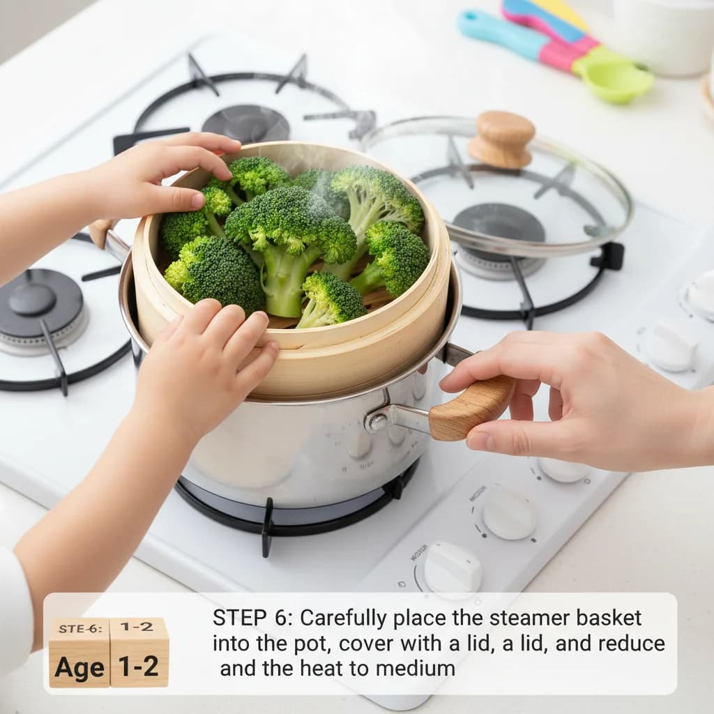 Step 6: Carefully place the steamer basket into the pot, cover with a lid, and reduce the heat to medium. for Broccoli Trees (First Finger Veggie)