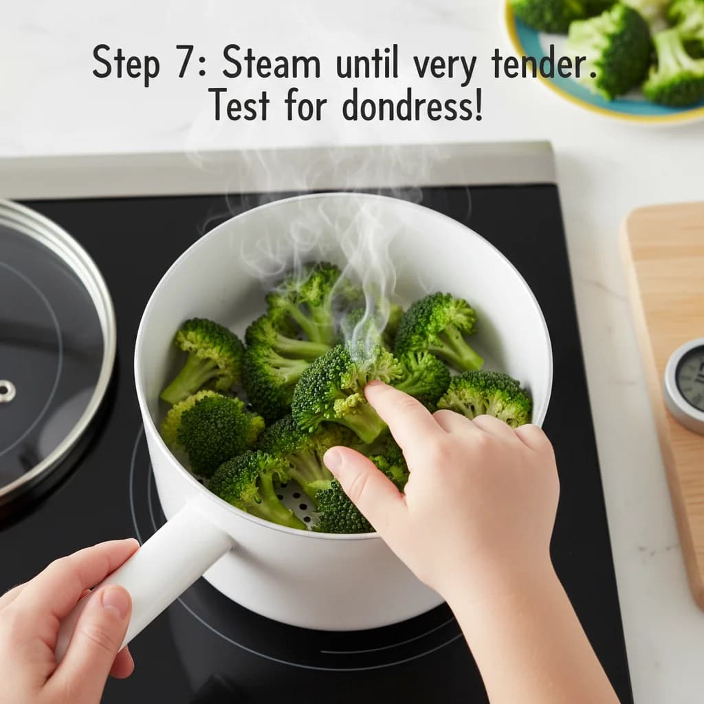 Step 7: Steam the broccoli for 6-7 minutes, or until very tender. Test for doneness by gently pressing a flo for Broccoli Trees (First Finger Veggie)