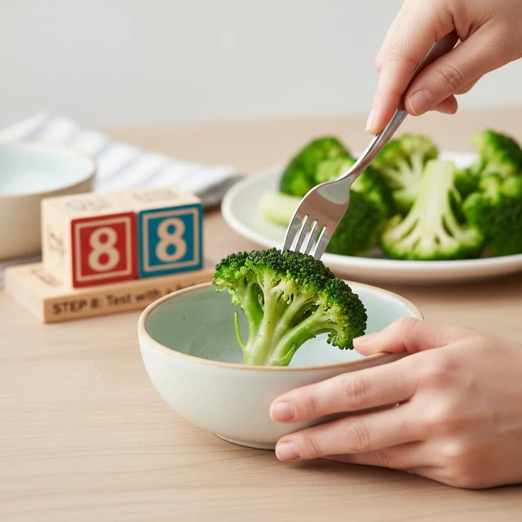 Step 8: Alternatively, test with a fork. It should slide easily into the stem. Overcooking slightly is prefe for Broccoli Trees (First Finger Veggie)