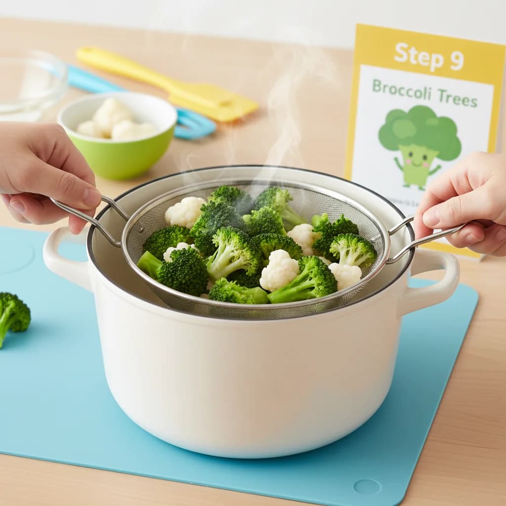 Step 9: Carefully remove the steamer basket from the pot. for Broccoli Trees (First Finger Veggie)