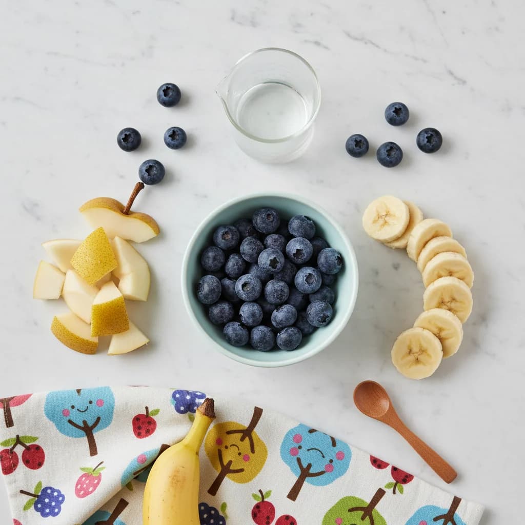 All ingredients needed for Berry Orchard Purée (Blueberry, Pear & Banana) arranged on a clean surface