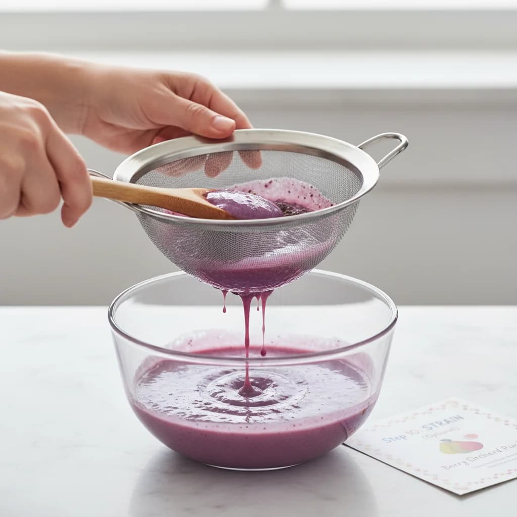 Step 10: **Strain (Optional):** For an extra smooth texture, especially for younger babies, pour the purée th for Berry Orchard Purée (Blueberry, Pear & Banana)