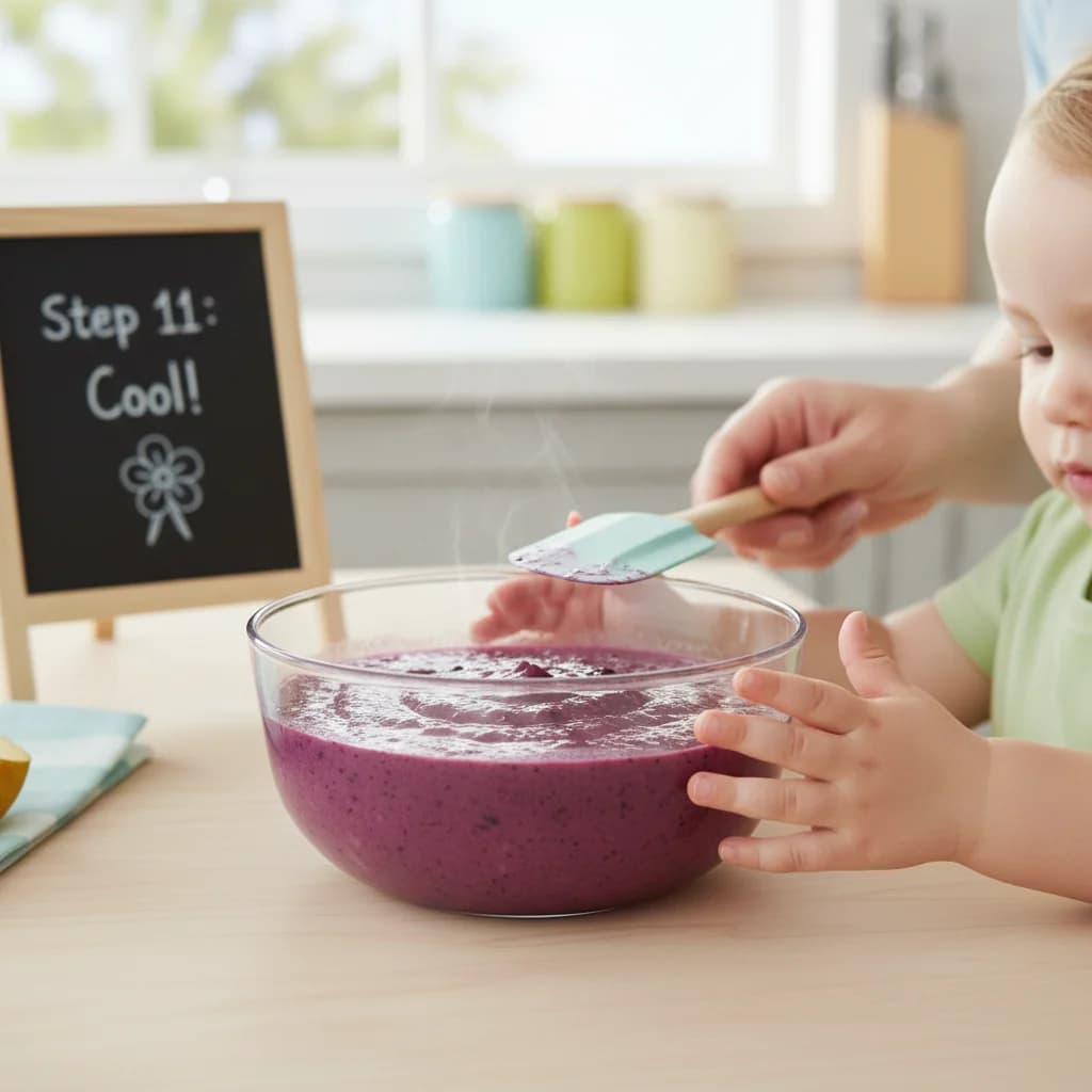 Step 11: **Cool (if needed):** If the purée is warm from cooking the blueberries, allow it to cool to room te for Berry Orchard Purée (Blueberry, Pear & Banana)
