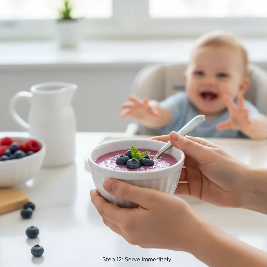 Step 12: **Serve Immediately:** Serve the purée immediately to your little one. for Berry Orchard Purée (Blueberry, Pear & Banana)