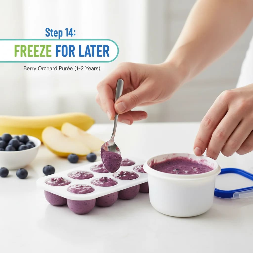 Step 14: **Freeze for Later:** For longer storage, freeze the purée in ice cube trays or small freezer-safe c for Berry Orchard Purée (Blueberry, Pear & Banana)