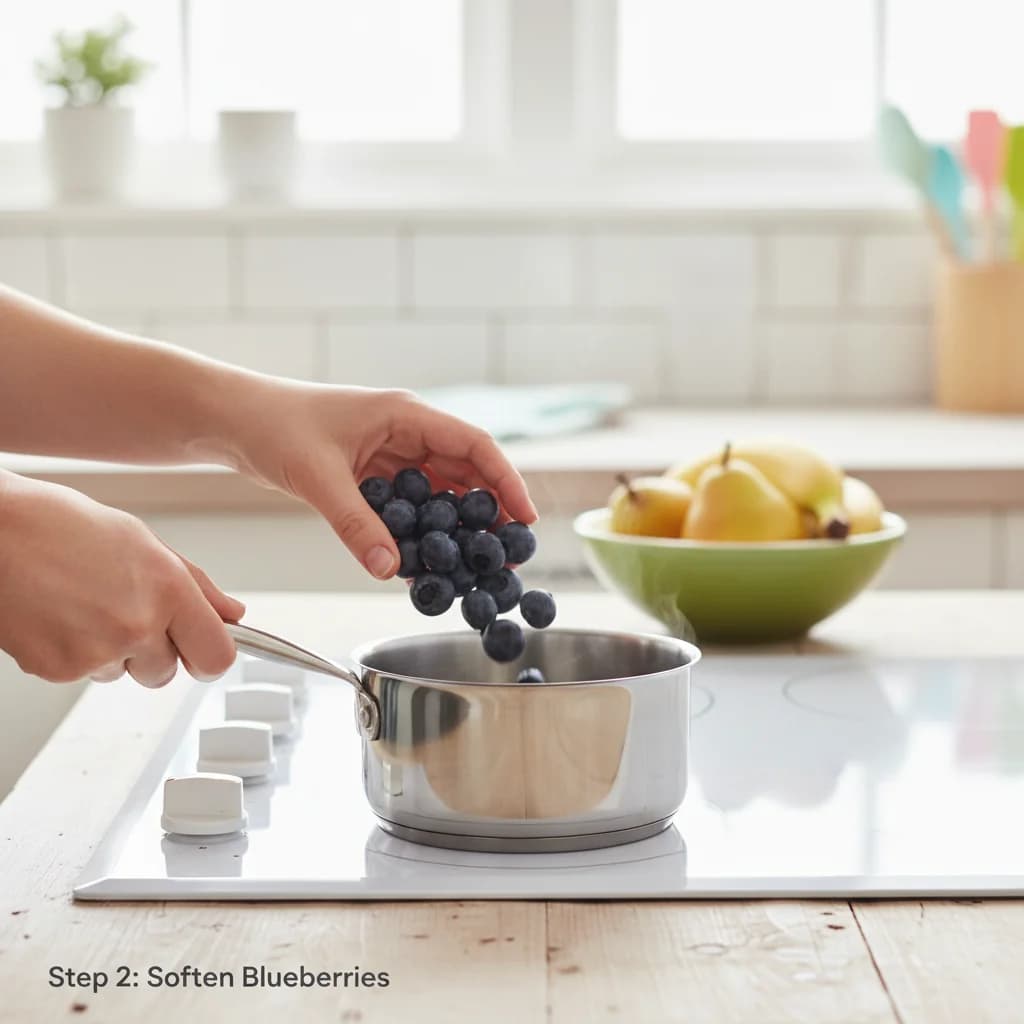 Step 2: **Soften Blueberries (if using fresh):** Place the rinsed blueberries in a small saucepan with 1 tab for Berry Orchard Purée (Blueberry, Pear & Banana)