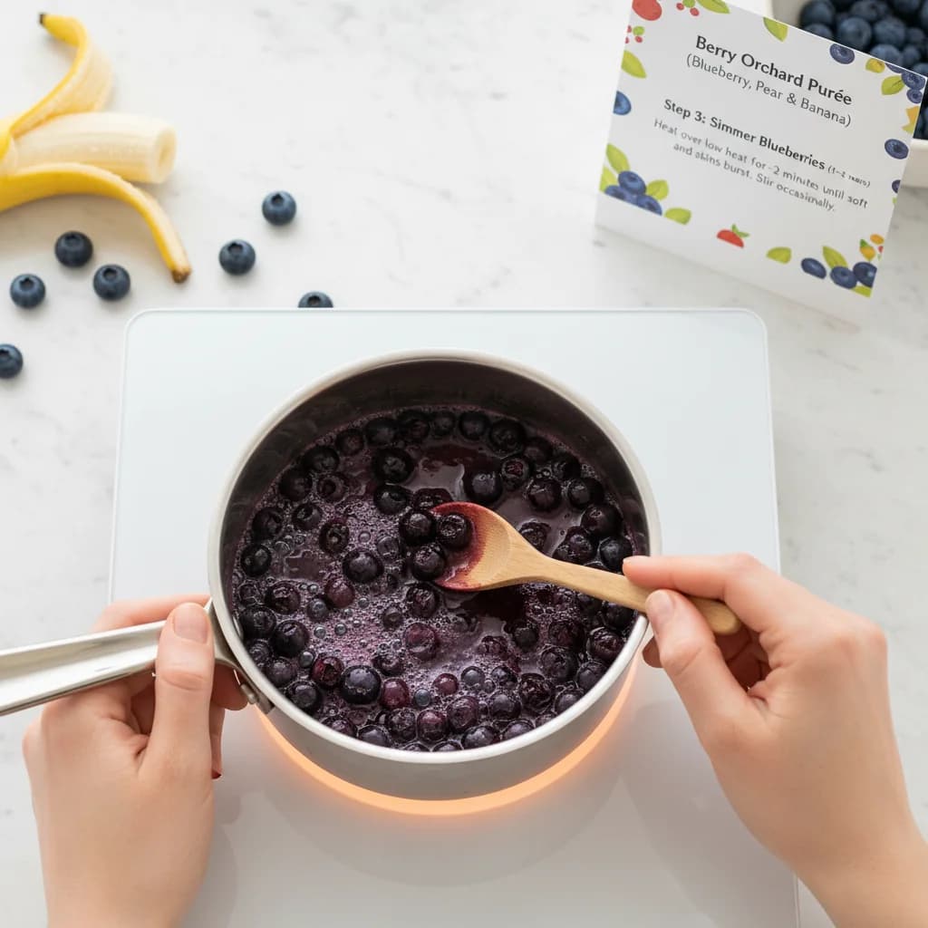 Step 3: **Simmer Blueberries (if using fresh):** Heat the saucepan over low heat for 2-3 minutes, or until t for Berry Orchard Purée (Blueberry, Pear & Banana)