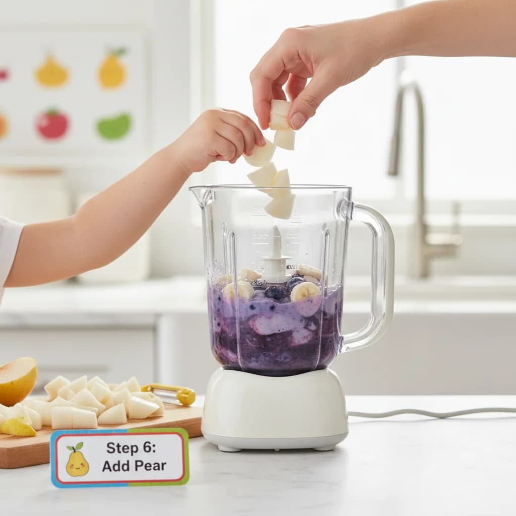 Step 6: **Add Pear:** Add the peeled, cored, and chopped pear to the blender. for Berry Orchard Purée (Blueberry, Pear & Banana)