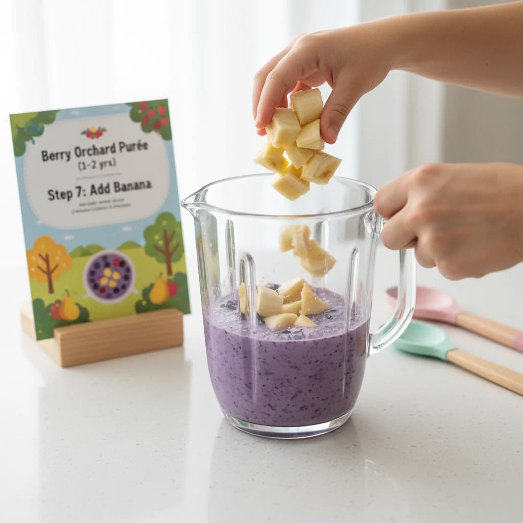 Step 7: **Add Banana:** Add the peeled and chopped banana to the blender. for Berry Orchard Purée (Blueberry, Pear & Banana)