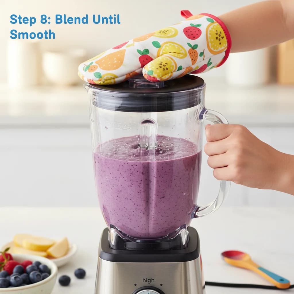 Step 8: **Blend Until Smooth:** Secure the lid of the blender and blend the mixture on high speed until comp for Berry Orchard Purée (Blueberry, Pear & Banana)