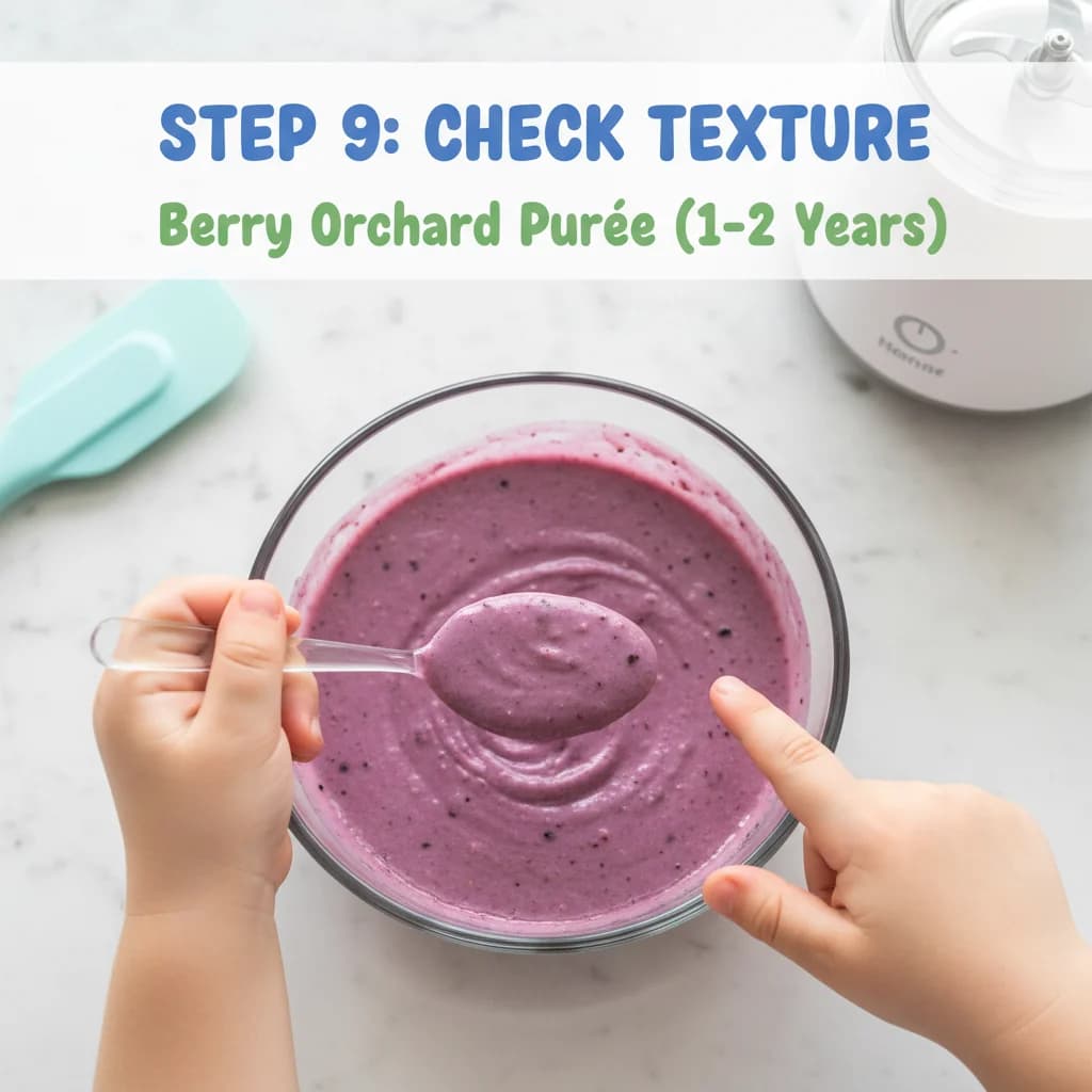 Step 9: **Check Texture:** Check the purée for any remaining lumps or blueberry skins. If necessary, blend f for Berry Orchard Purée (Blueberry, Pear & Banana)