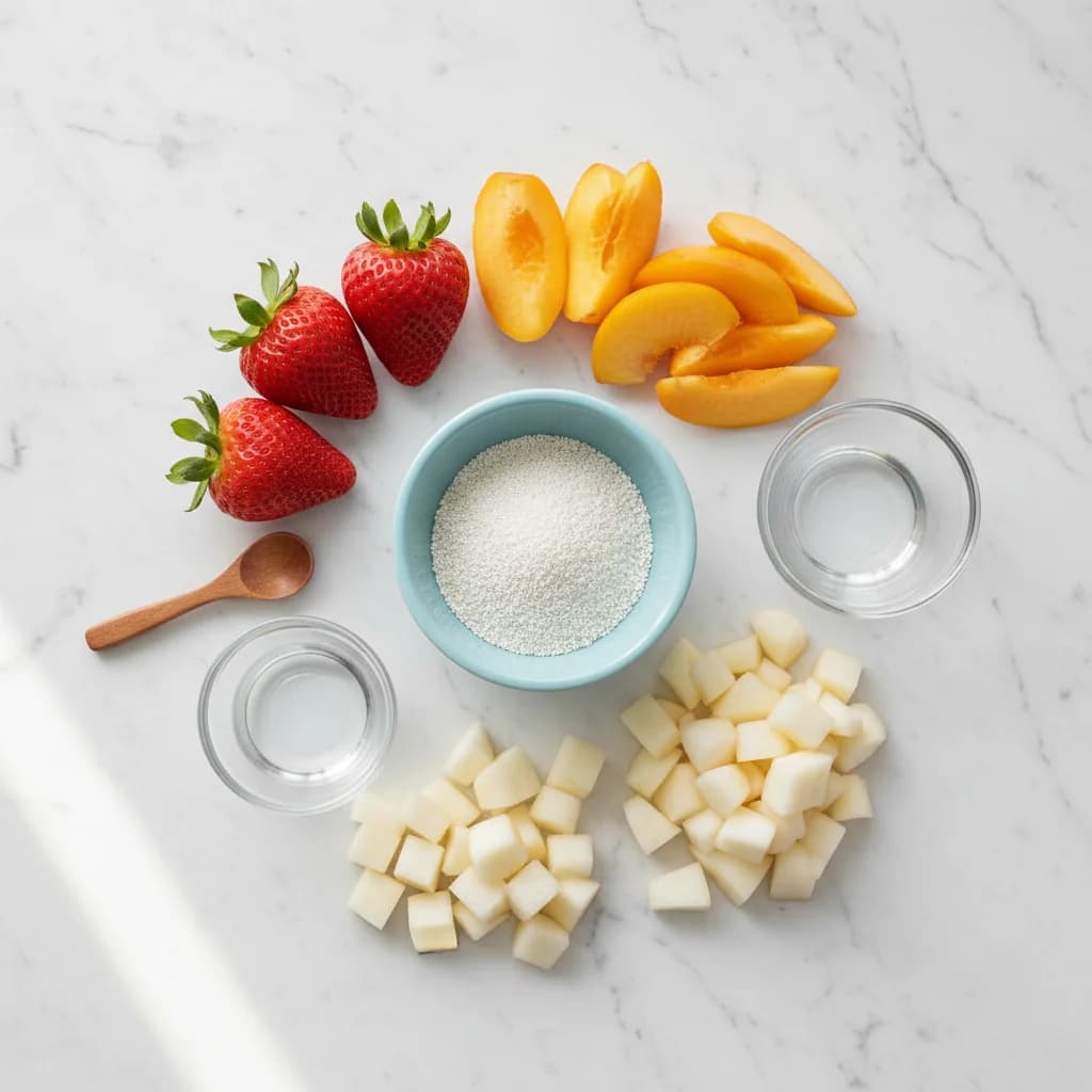 All ingredients needed for Strawberry-Peach Apple Swirl (with Baby Cereal Boost!) arranged on a clean surface